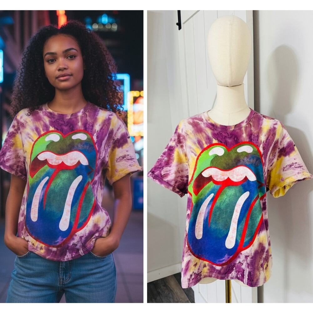 Alice + Olivia Women Size M/L The Rolling Stones Tie Dye Cotton Graphic T-Shirt